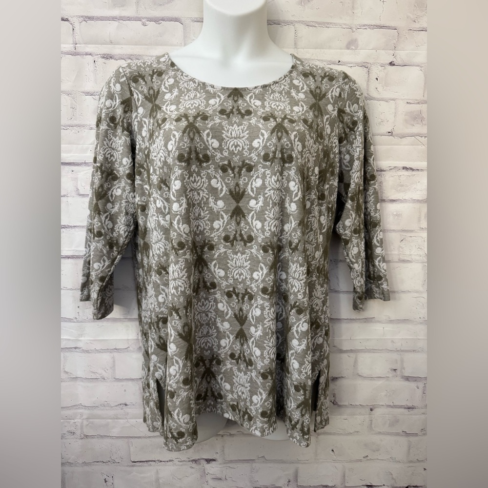 Rose +‎ Olive Plus Size 1X Green White Jacquard Knit Floral Tunic Top Boho